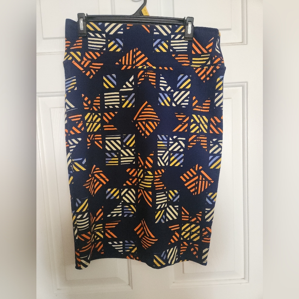 LuLaRoe Navy and Orange Geometric Pencil Skirt